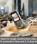 Disto X6 Laser Distance Measurer With 800 Ft Range And Pointfinder Camera Bluetooth Data Transfer 4X Zoom Viewfinder Outdoor Tough IP65 Dust Water Shock Protection P2P Tech Smart End Piece And Rotating Display in muddy construction site