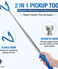 Hand holding Telescoping Pickup Tool With Magnetic Pole And Dual Hooks 10 Ft Extendable Reach Pole Multi Tool With Strong Magnets