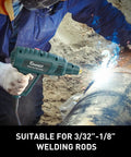 User welding pipe with Portable 110V Welding Machine Kit With IGBT Inverter Arc Welder, handheld MMA gun, on sandy ground