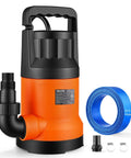 Heavy Duty Submersible Water Pump With 25 Foot Hose Offering One Point Two Horsepower And Five Thousand Gallons Per Hour Output with accessories.