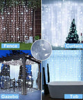 Solar Curtain String Lights For Outdoor Garden 300 LED Fairy Lights with 8 Modes Remote Control in various settings
