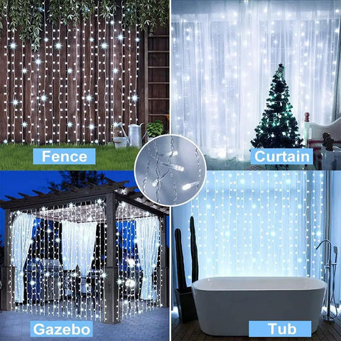 Solar Curtain String Lights For Outdoor Garden 300 LED Fairy Lights with 8 Modes Remote Control in various settings