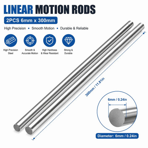 Product focus keyword is: 6mm x 300mm Linear Motion Rods Two Pack S45C Carbon Steel Shafts With Hard Chrome Plating HRC 60 Plus Minus 2 Precision Ground And Pre Chamfered For 3D Printer And CNC Router Linear Rail Guide Shaft diagram with dimensions and features.