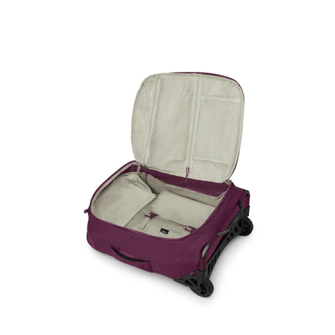 Open Moody Burgundy 2 Wheel Carry On Luggage With Oversized Wheels And Trolley Handle Lightweight Rolling Suitcase interior view