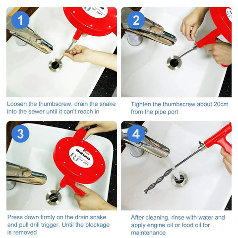 Four-step process using 25 Foot Heavy Duty Plumbing Snake For Drains, Toilets And Sinks, Flexible Steel Cable Clog Remover.