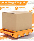 Rock Solid Heavy Duty Machinery Skates With Smooth Rolling Polyurethane Casters For Moving Big Industrial Gear No Sweat Built Tough Alloy Steel Base Supports Up To 15 Ton Loads Easily with cardboard box on orange base.