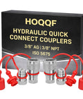 Front view of HoQQF hydraulic quick-connect couplers set with red dust caps, 1/2" NPT, ISO 5675.