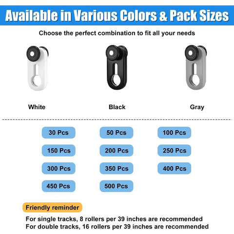 Premium 150 Pack Heavy Duty Curtain Track Rollers In Crisp White Aluminum Featuring Dead Quiet Pulleys available in white, black, and gray.