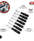 7 Piece SAE Nut Driver Set With Chrome Plated Alloy Shafts Comfortable Grips And A Handy Storage Case displayed with size labels.