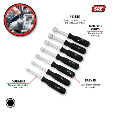 7 Piece SAE Nut Driver Set With Chrome Plated Alloy Shafts Comfortable Grips And A Handy Storage Case displayed with size labels.