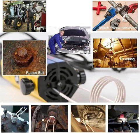 Hella Powerful 1100W Magnetic Induction Heater Kit With Portable Handheld Bolt Extractor and Eight Quick Swap Coils for rusted bolt extraction.