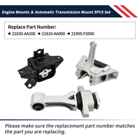 Engine Mounts And Automatic Transmission Mounts Three Piece Set For Hyundai Elantra 2021 2022 2023 2.0L Includes Trans Mount Bracket Side Mount And Torque Arm Built To Last Rock Solid. Black and silver 3-piece engine and transmission mount set with replacement part numbers.