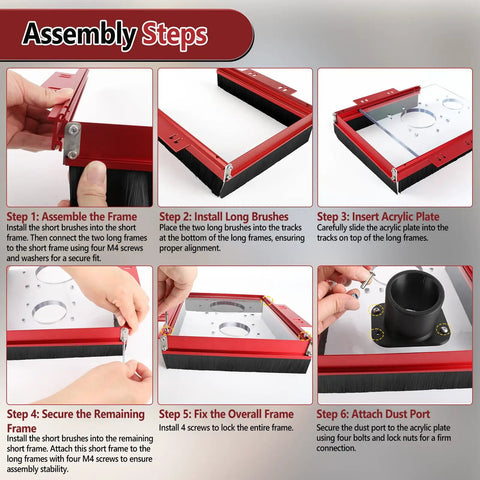 Assembly steps for Dust Collection Router Sled Kit for Slab Flattening with acrylic plate and 20mm rails.
