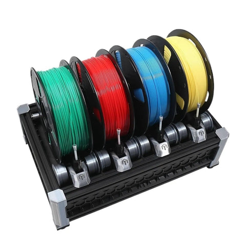 Hit The Ground Running With This Butter Smooth 3D Printer Motion Upgrade Kit Featuring Full AFC Compatible Chassis And Sharp Moons Drive Motors Clad In Bright Multi Color Custom Panels, featuring five spools of PLA filament in color-coded arrangement.