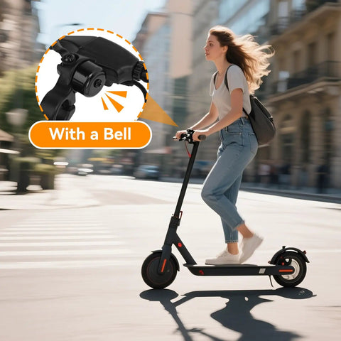 Woman riding scooter with Left Brake Lever For Electric Scooters, Universal 3 Pin Female Plug Handbrake, Waterproof Aluminum Alloy