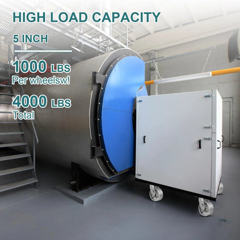 ASOMWLS 5x2 in steel caster wheels installed on a mobile cabinet with four brake-enabled wheels