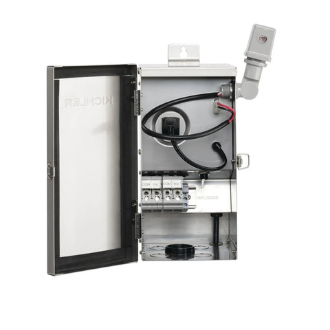 Plug-In Photocell Lighting Sensor For Outdoor Transformers Auto Dusk-To-Dawn On Off, shown inside an open Kichler transformer box
