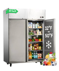 Straight Up Heavy Duty Commercial Upright Refrigerator With Solid Double Doors Adjustable Shelving Zero Fuss Auto Defrost Digital Temperature Control Freestanding Stainless Steel Industrial Fridge Built Tough For Restaurants Bars And Food Crews with beverages and vegetables inside.