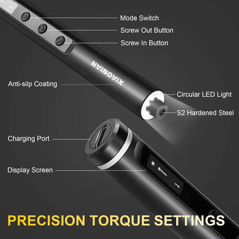 Compact 76 In 1 USB Charged Electric Screwdriver Kit showing buttons, LED light, and charging port features for electronics repair.
