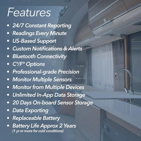 Front view of Amazon SensorPush HT1 features slide with bullet list over an RV kitchen interior.