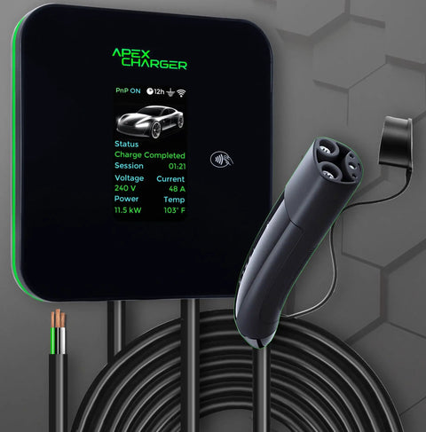 Fast Hardwired Level 2 EV Charger With NACS Tesla Connector Forty Eight Amps Eleven Point Five Kilowatts Wall Mount EVSE
