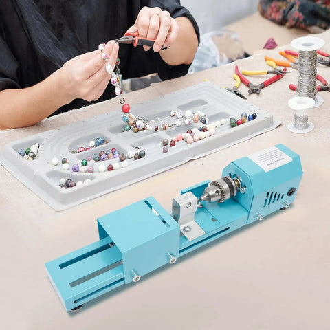 Mini Wood Lathe for Desktop Use with 7 Speed Settings 96W Motor Up to 9000 RPM for shaping beads and polishing materials