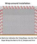 Wrap-around installation guide for Built Like A Tank 304 Stainless Steel Flexible Cable Safety Net for balcony stair guards.