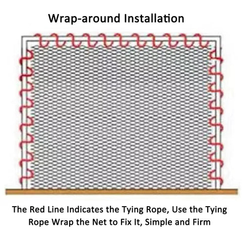 Wrap-around installation guide for Built Like A Tank 304 Stainless Steel Flexible Cable Safety Net for balcony stair guards.
