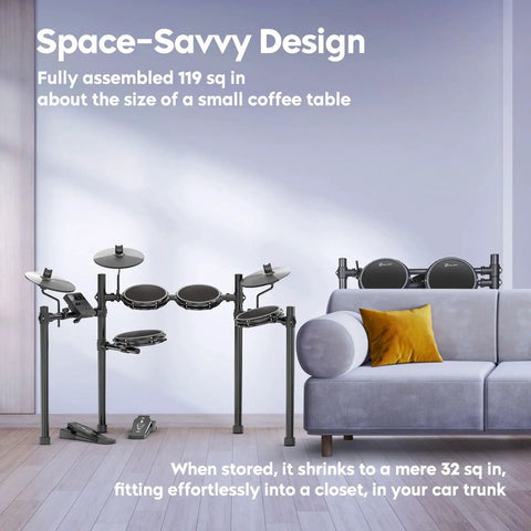Groove Electric Drum Kit with 8 Inch Double Layer Mesh Pads and 210 Plus Sounds in compact living room setting, folded.