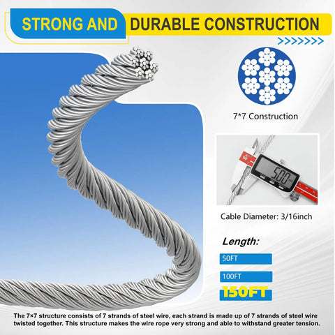 Heavy Duty Three Sixteenth Inch Galvanized Steel Wire Rope Kit, 150 Feet, 7x7 Construction showcased with measurements