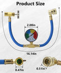 R134A Refrigerant Charge Hose Kit With Gauge For Car AC showing size dimensions, brass fittings, and rubber hose