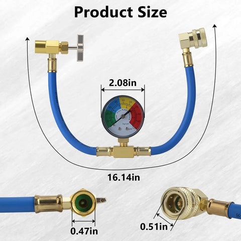 R134A Refrigerant Charge Hose Kit With Gauge For Car AC showing size dimensions, brass fittings, and rubber hose