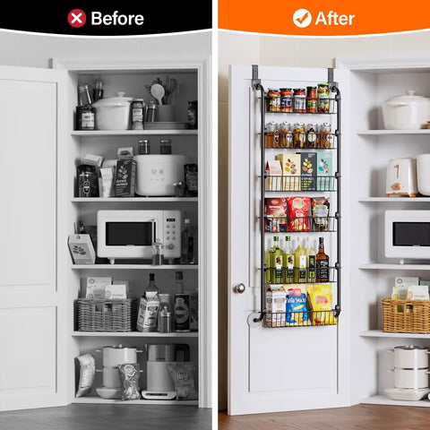 Six Tier Over The Door Pantry Organizer Rock Solid Metal Hanging Kitchen Basket Game Changer Spice Rack Seasoning Shelves in use.