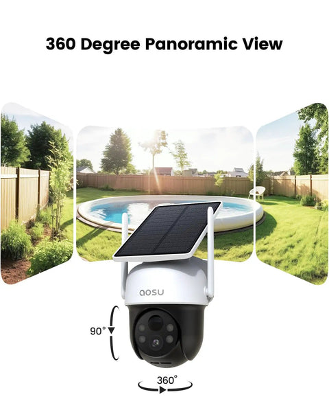 Outdoor Solar Camera Security No Wires Needed With Fixed Solar Panel, 360 Degree Panoramic View for Home Surveillance