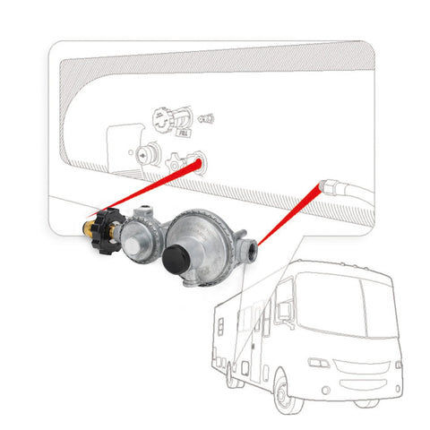Front view of Stanbroil horizontal two-stage propane regulator with 3/8 in. female NPT and POL for RVs and campers