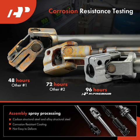 Three lower steering column shafts with U-joint couplers, A-Premium; metal steel, rusted and new.