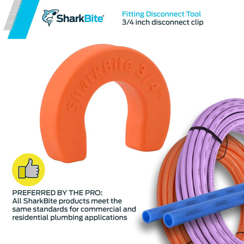 Three Quarter Inch Disconnect Clip For Push To Connect Brass Plumbing Fittings Quick Release Tool No Tools Needed For Easy Removal Fits Universal Push To Connect Brass Fittings U712A displayed next to coiled pipes.