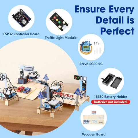 SharkBot 2 In 1 Intelligent Transportation Kit For Arduino And Scratch Smart Robot Car Kit Kid Friendly STEM Coding Toy For Classroom And Home Education ESP32 Powered Hands On Learning For Kids And Teens, wooden board