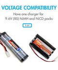 9.6V NiMH NiCd RC Battery Charger with 400mA AC plug and Tamiya connector, showcasing compatibility with 8S packs