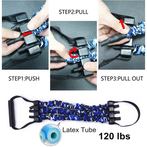 Instructions for adjusting rubber resistance bands in 31 Inch Aluminum Alloy Pilates Bar With Rubber Resistance Bands, Door Anchor, And Full Body Workout Kit For Deadlifts, Squats, Home Gym Training, Travel Friendly showing step-by-step process.
