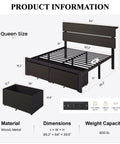 Black Queen Bed Frame Featuring Integrated Led Lights And Convenient Charging Station With Two Smooth Gliding Storage Drawers For A Super Clean Stress Free Bedroom Vibe dimensions and product information