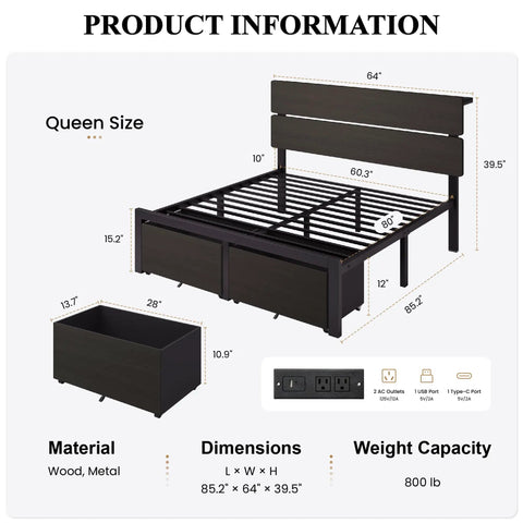 Black Queen Bed Frame Featuring Integrated Led Lights And Convenient Charging Station With Two Smooth Gliding Storage Drawers For A Super Clean Stress Free Bedroom Vibe dimensions and product information
