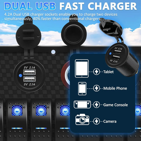 8 Gang Marine Rocker Switch Panel With Waterproof Boat Switches 12V DC Power Hub LED Voltmeter USB 3.1A Charger