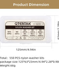 Nylon Flat Washer Set With Eight Sizes M2 M2.5 M3 M4 M5 M6 M8 M10 in labeled box, product dimensions and quantity visible.