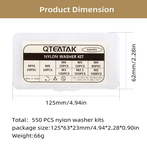Nylon Flat Washer Set With Eight Sizes M2 M2.5 M3 M4 M5 M6 M8 M10 in labeled box, product dimensions and quantity visible.