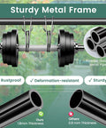 Sturdy metal frame with powder-coated pipes and thickness comparison, showcasing rustproof and deformation-resistant qualities.
