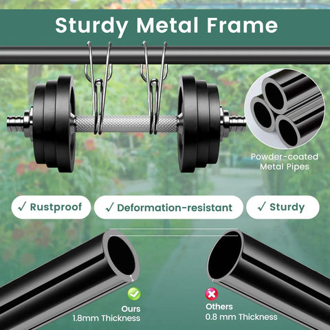 Sturdy metal frame with powder-coated pipes and thickness comparison, showcasing rustproof and deformation-resistant qualities.