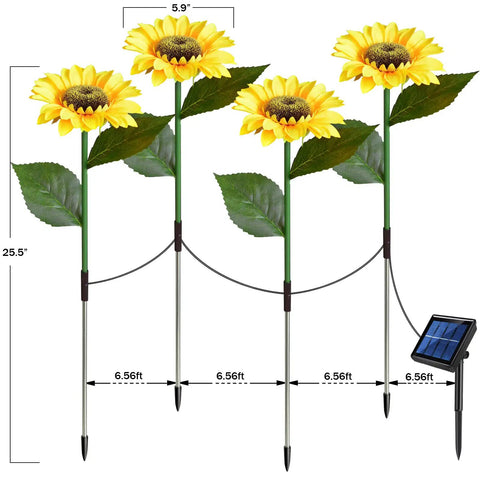 Upgraded 4 Flower Solar Sunflowers With Fairy Light Petals For Yard Decor, shown with dimensions and solar panel.
