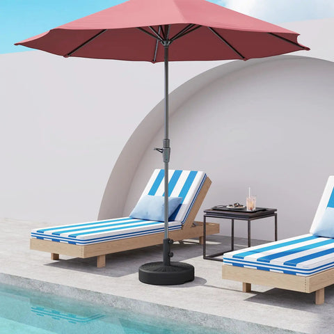Beefy 70 Lb Weight Heavy Duty Water Fillable Umbrella Base Stand For Patio And Market Tables with red umbrella by poolside