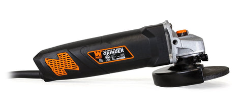 Side view of black WEN 7-Amp angle grinder with orange logo and 4-1/2-inch grinding wheel